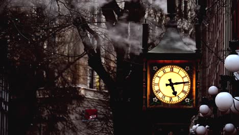 Close-shot-of-a-Steam-Clock-in-Gastown-,Downtown-Vancouver-in-dark-moody-daylight
