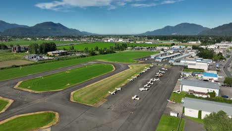 Scenic-View-Of-Chilliwack-Municipal-Airport-In-British-Columbia,-Canada---aerial-shot