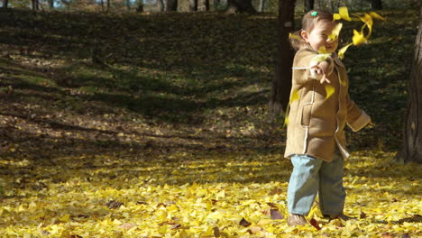 Kleines-Mädchen-Wirft-Herbstblätter-Im-Park