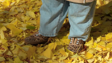 Toddler's-feet-kicking-autumn-leaves-in-Yangjae-Forest-Park,-Seoul
