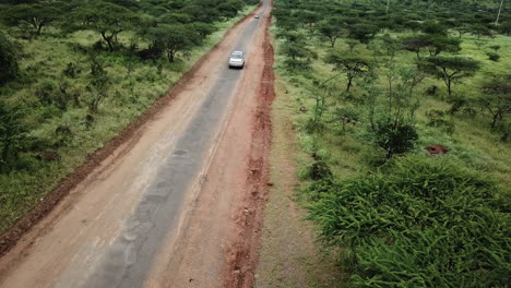 Aerial-view-of-a-white-4x4-car-coming-head-on-along-a-dirty-and-dry-road-surrounded-by-green-savannah