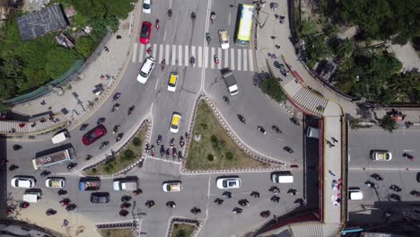 An-aerial-view-of-the-traffic-at-an-intersection-in-the-Asian-city-of-Kathmandu,-Nepal