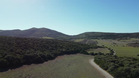 Green-countryside-landscape-field-and-hills-in-Sardinia-island,-aerial,-dolly-in
