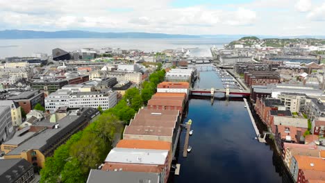 Aerial:-Nidelva-river-in-Trondheim,-Norway