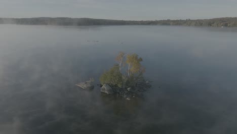 Light-fog-surrounds-island-populated-with-sparse-deciduous-trees-on-Lake-Moosehead