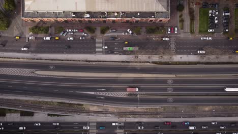Aerial-top-down-shot-of-Traffic-Paseo-del-Bajo-Highway-in-Buenos-Aires