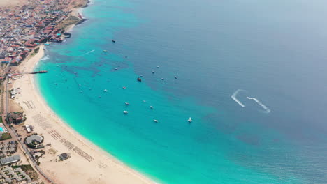 High-drone-view-of-tropical-Sal-Island,-unveiling-Santa-Maria,-Cape-Verde