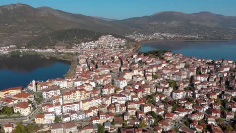 Aerial-Pull-Back-Shot-in-Kastoria-Greece-in-Early-Morning,-4K-Footage