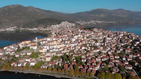 Kastoria-Greece,-Aerial-Dolly-Shot-in-Town-Mainland-at-Dawn,-4K-Footage