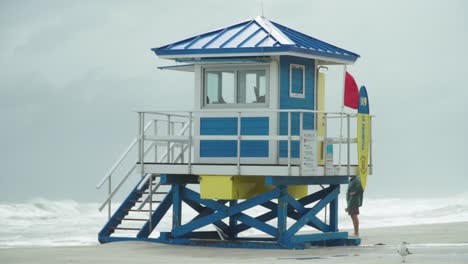Tropical-Storm,-Lifeguard-house-with-red-flag-on