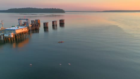 Aerial-drone-view-of-young-couple-paddling-together-in-sea-kayak-at-sunrise-with-three-birds-flying-beneath-near-a-pier-with-sun-glare-reflecting-off-bay-water-near-seattle-washington
