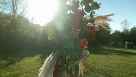 Shot-of-flowers-on-a-wedding-day,-into-the-sun
