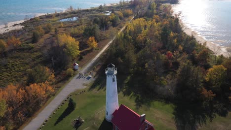 Tawas,-Michigan-lighthouse-along-Lake-Huron-with-drone-video-circling