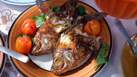 Eating-healthy-freshwater-fish-and-removing-succulent-white-meat-with-a-fork-from-fresh-catch-of-the-day-presented-on-a-colourful-plate-with-garnish