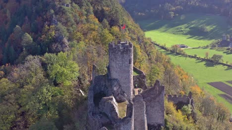 Tourist-Attraction-Hiking-Destination-Castle-Ruin-Neu-Falkenstein-near-Balsthal-Switzerland-Aerial-View
