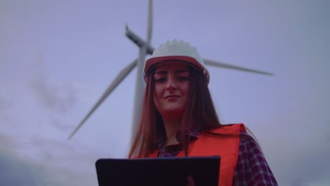 Young-female-engineer-checks-windmill-stats-on-tablet-then-smiles-to-camera