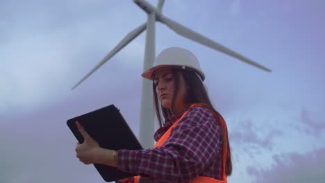 Low-angle-shot-of-woman-Wind-Turbine-engineer-using-tablet-at-windmill-farm