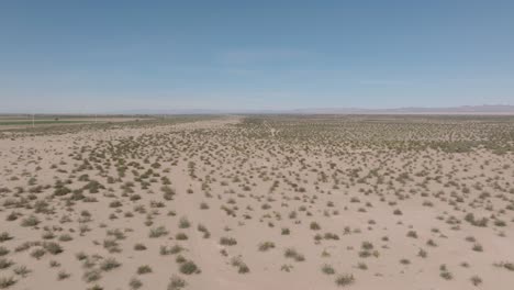 Vast-Desert-Sand,-Aerial-Drone-Shot-of-Desert-Landscape-and-Shrubs-with-Blue-Sky-Above