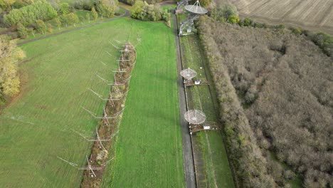Aerial-view-descending-to-Cambridge-Mullard-radio-observatory-telescope-MRAO-array
