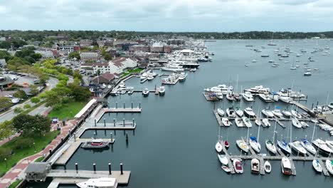 Newport-Rhode-Island-aerial-establishing-shot-of-marina-and-harbor