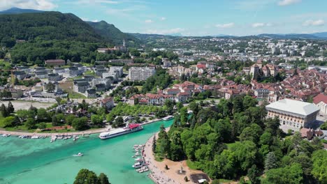 Annecy-Lake-and-Old-Town-Panorama-City-Landscape-in-French-Alps---Aerial
