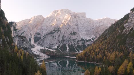 Cinematic-Drone-Flight-Above-Lake-Braies-in-Italy's-Dolomite-Mountains