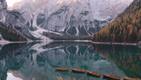 Cinematic-Aerial-View-of-Italy's-Famous-Lake-Braies-in-Italian-Dolomites-on-Beautiful-Fall-Day