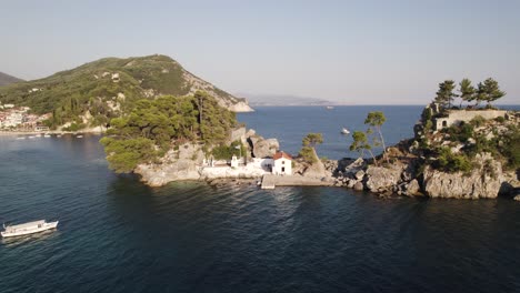 Aerial-View-Of-Panagia-Island-With-Church-Off-Parga,-Greece