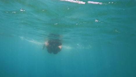 Underwater-slow-motion-scene-of-adult-woman-in-apnea-swimming-toward-camera