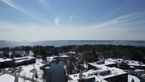 Drone-shot-of-residential-in-rural-area-in-winter-in-Beverly,-Massachusetts