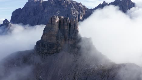 Torre-Di-Toblin-mountain-peak-in-Dolomites-Italy,-aerial-close-up-view