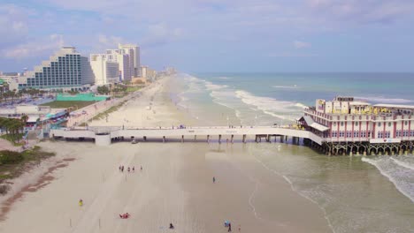 Epic-aerial-drone-view-of-Daytona-beach-coastline-on-a-sunny-day-in-the-summer