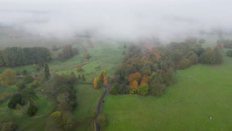 Fliegen-Auf-Eine-Nebelbank-Mit-Herbstfarbenen-Bäumen-Und-Feldern-Darunter