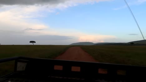 Rückansicht-Des-4x4-Autos,-Das-Grünlandlandschaft-Im-Masai-Mara-Nationalpark-Fährt,-Tag