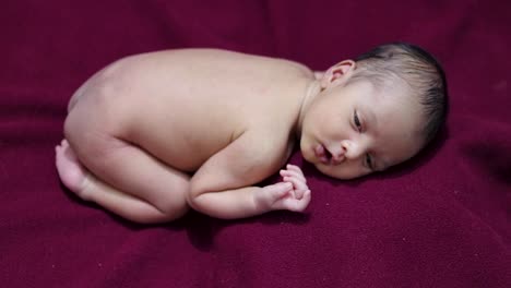 Neugeborenes-Baby,-Das-Auf-Rotem-Samtstoff-Mit-Niedlichem-Gesichtsausdruck-Aus-Verschiedenen-Winkeln-Liegt
