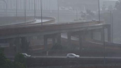 Slippery-roads-and-reduced-visibility-on-a-raining-day-at-Brisbane-city,-Queensland-BOM-weather-forecast-includes-heavy-rainfall,-severe-storms-and-heatwave-warnings-in-upcoming-summer-season