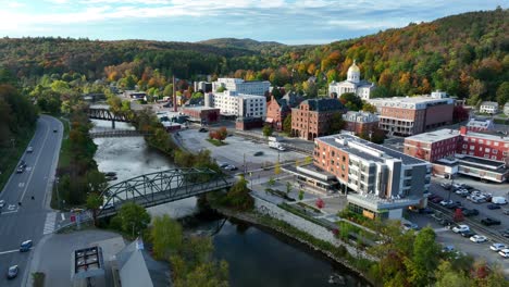 Montpelier-Vermont-aerial-establishing-shot-of-Winooski-River-and-state-capitol-dome