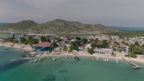 Tourist-Village-Caribbean-sea,-aerial-landscape-from-shore-beach,-pan-right