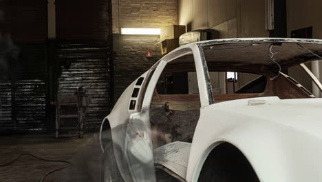 Man-Working-On-White-Car-Body-With-Parts-Disassembled-In-Workshop