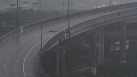 Queensland-BOM-weather-forecast-includes-heavy-rainfall,-severe-storms-and-heatwave-warnings-in-upcoming-summer-season,-static-shot-capturing-quiet-inner-city-bypass-on-a-foggy-and-rainy-day