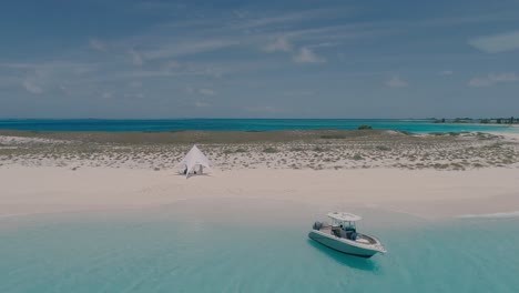 Couple-of-Lovers-In-Beach-Tent-on-white-sand-Beach-Among-Tropical-island,-Los-Roques