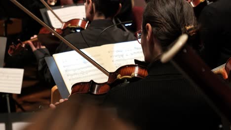 Close-up-of-shot-violin-player-with-orchestra-during-concert-for-Mozart-Requiem-with-violins-made-of-wood-in-orchestra-in-slow-motion