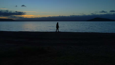 Lonely-man-slowly-walking-alone-along-shore-at-sunset-with-horizon-in-background