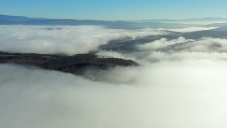 Aerial-establishing-shot-over-cloudy-forest,-flying-towards-mountain-range