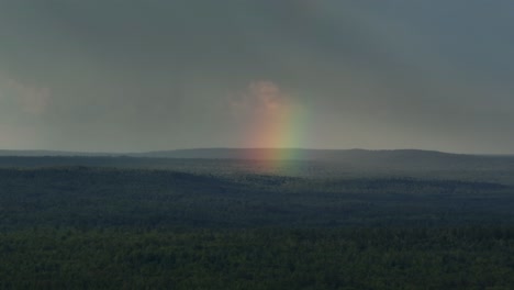 Ein-Lebendiger-Regenbogen-Leuchtet-über-Einer-üppig-Grünen,-Waldbedeckten-Landschaft