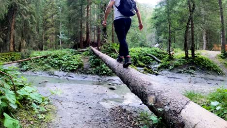Young-hiker-man-is-walking-over-a-fallen-tree-trunk-while-balancing-himself,-after-natural-storm-concept