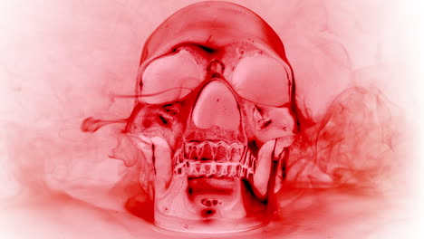 Blood-Red-Glass-Skull-on-White-Background,-Rotating-with-Smoke-and-Mist