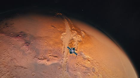 Establishing-Shot-of-Mars,-The-Red-Planet,-with-an-Orbiting-Satellite