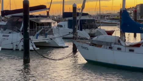 Private-Boote-In-Einem-Großen-Yachthafen-Mit-Einem-Wunderschönen-Orangefarbenen-Sonnenuntergang-In-Der-Abenddämmerung