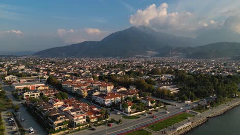 aerial-view-of-Fethiye-waterfront-and-Mountain-in-the-background---Turkey